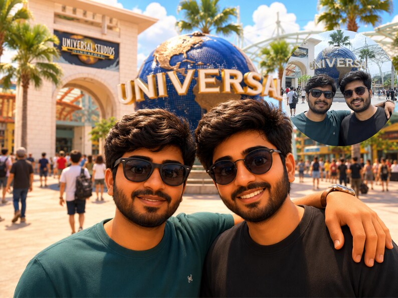 May include: Two individuals with dark hair and beards wearing dark-rimmed sunglasses, one in a dark green t-shirt and the other in a black t-shirt, standing in front of the Universal Studios Singapore globe sculpture with a circular inset photo.