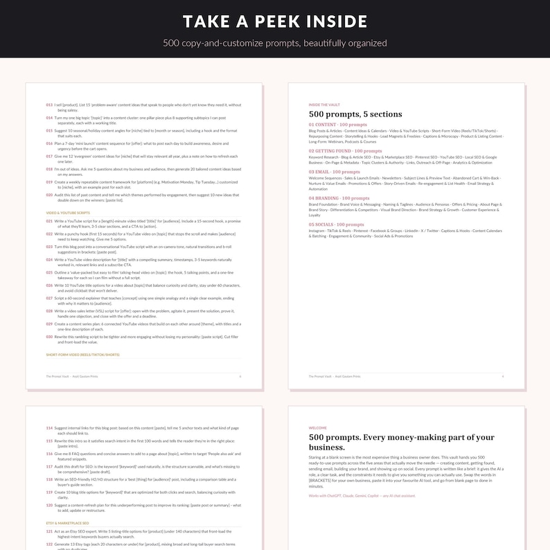 May include: A digital document titled TAKE A PEEK INSIDE featuring 500 copy-and-customize prompts organized into five sections including content, getting found, email, branding, and socials. The text lists various business writing prompts.