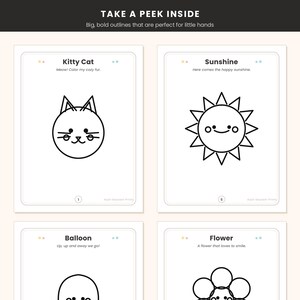 May include: A set of four coloring pages featuring black line art of a cat, sun, balloon, and flower. Each page includes the text 'TAKE A PEEK INSIDE', titles like 'Kitty Cat' and 'Sunshine', and short descriptive sentences for each illustration.
