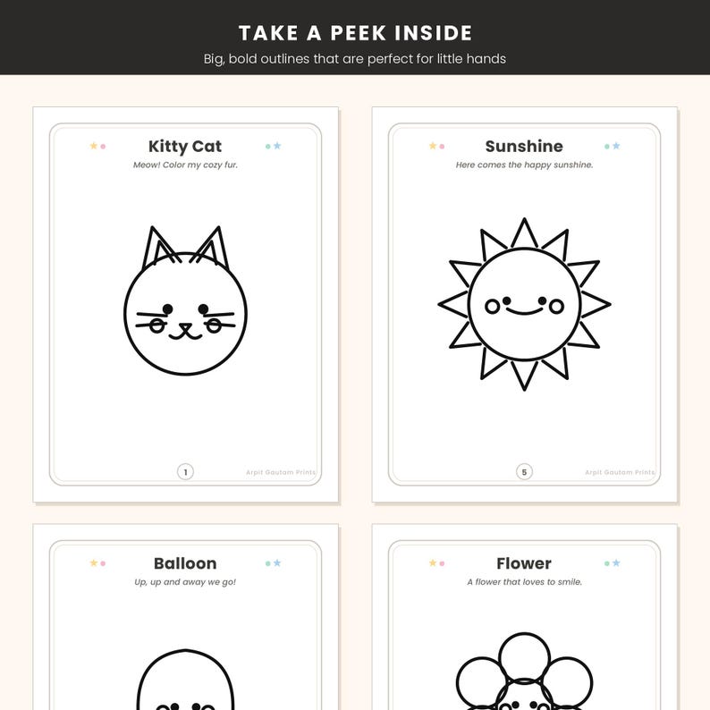 May include: A set of four coloring pages featuring black line art of a cat, sun, balloon, and flower. Each page includes the text 'TAKE A PEEK INSIDE', titles like 'Kitty Cat' and 'Sunshine', and short descriptive sentences for each illustration.