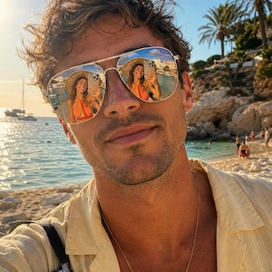 Puede incluir: Gafas de sol tipo aviador con montura fina de metal dorado y lentes reflectantes. Las lentes muestran el reflejo claro de una persona con sombrero de paja y top naranja, sosteniendo un smartphone. Se observa una camisa de color amarillo claro.