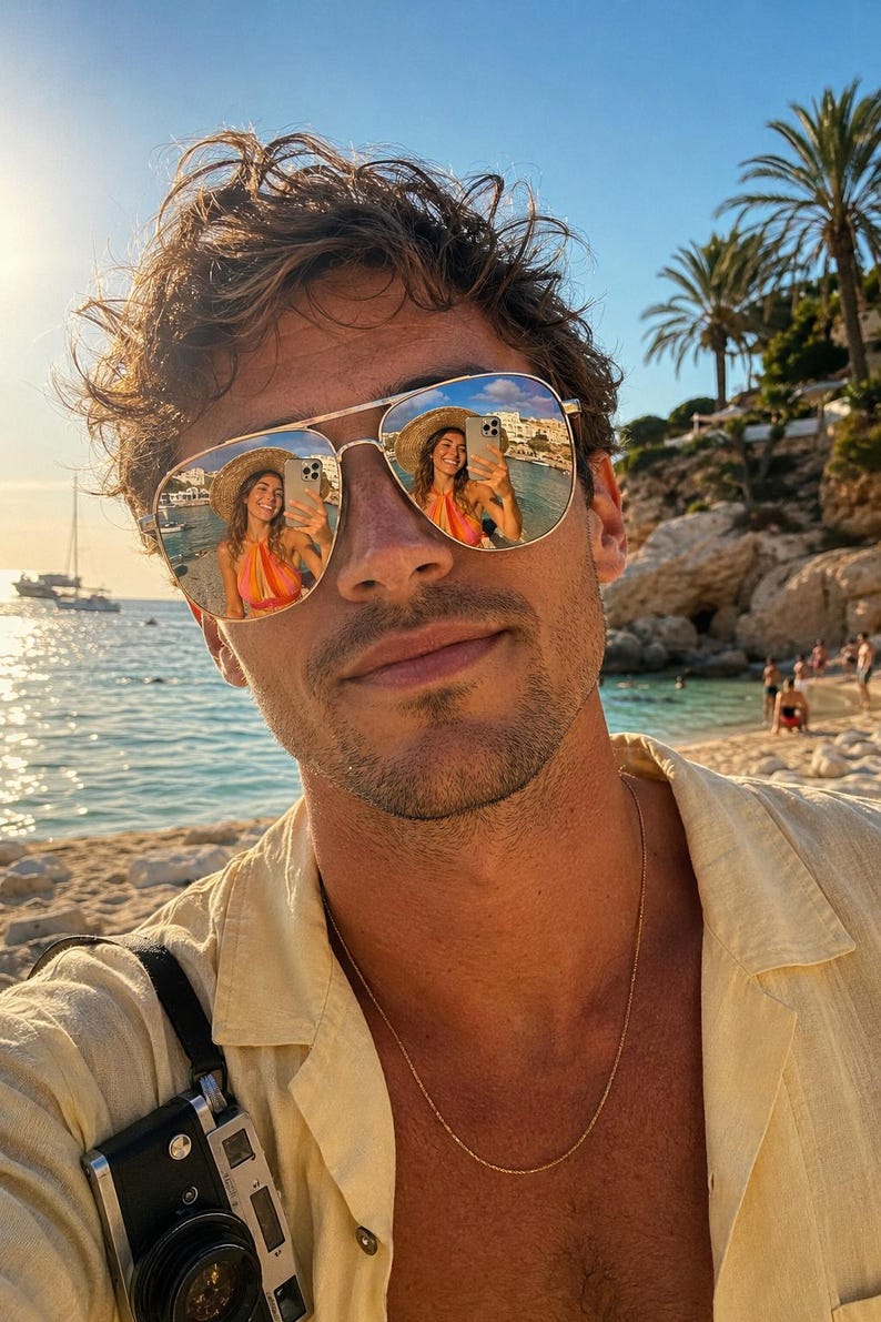 Puede incluir: Gafas de sol tipo aviador con montura fina de metal dorado y lentes reflectantes. Las lentes muestran el reflejo claro de una persona con sombrero de paja y top naranja, sosteniendo un smartphone. Se observa una camisa de color amarillo claro.