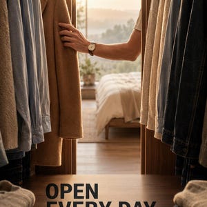 K&ouml;nnte beinhalten: Ein Kleiderschrank mit h&auml;ngenden Kleidungsst&uuml;cken wie einem beigen Mantel, blauen Hemden und Jeansjacken. Der Text lautet: OPEN EVERY DAY. Everyday essentials that just work. Built to last, made to layer, easy to live in. DESIGNED TO WEAR WASHED A HUNDRED TIMES - SINCE 2019 FIELDNOTE SHOP THE ESSENTIALS FIELDNOTE.CO RESPONSIBLY MADE BUILT TO LAST EST. 2019