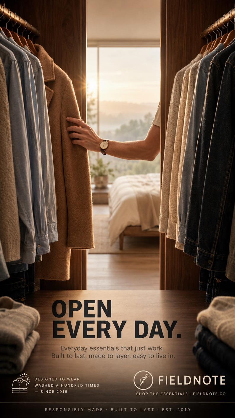 K&ouml;nnte beinhalten: Ein Kleiderschrank mit h&auml;ngenden Kleidungsst&uuml;cken wie einem beigen Mantel, blauen Hemden und Jeansjacken. Der Text lautet: OPEN EVERY DAY. Everyday essentials that just work. Built to last, made to layer, easy to live in. DESIGNED TO WEAR WASHED A HUNDRED TIMES - SINCE 2019 FIELDNOTE SHOP THE ESSENTIALS FIELDNOTE.CO RESPONSIBLY MADE BUILT TO LAST EST. 2019