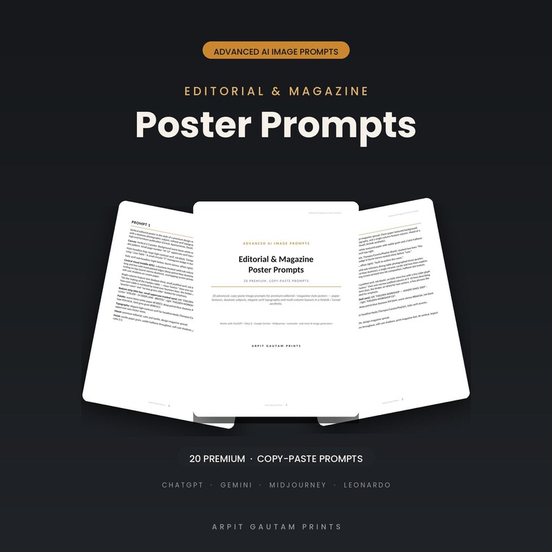 May include: A digital document titled Advanced AI Image Prompts Editorial & Magazine Poster Prompts with three white pages fanned out against a dark background. The text includes 20 premium copy-paste prompts for ChatGPT, Gemini, Midjourney, and Leonardo.