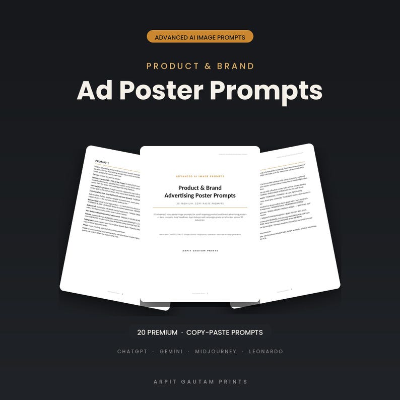K&ouml;nnte beinhalten: Ein digitales Dokument mit dem Titel Advanced AI Image Prompts Product & Brand Ad Poster Prompts, das 20 Premium-Copy-Paste-Prompts f&uuml;r ChatGPT, Gemini, Midjourney und Leonardo enth&auml;lt. Die wei&szlig;en Seiten sind vor einem dunklen Hintergrund.