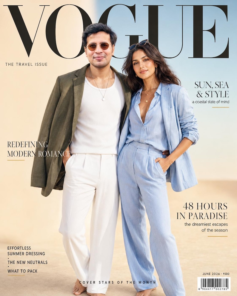 Puede incluir: Una portada de revista titulada VOGUE THE TRAVEL ISSUE con dos personas. Una viste un blazer verde oliva sobre una camiseta blanca y pantalones blancos. La otra viste una camisa azul claro con blazer y pantalones a juego.
