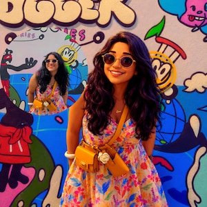 May include: A sleeveless dress with a colorful floral pattern in shades of pink, orange, and blue. The dress is paired with a yellow crossbody bag featuring a white flower accent and a gold-toned chain strap. Round sunglasses with gold frames are worn.