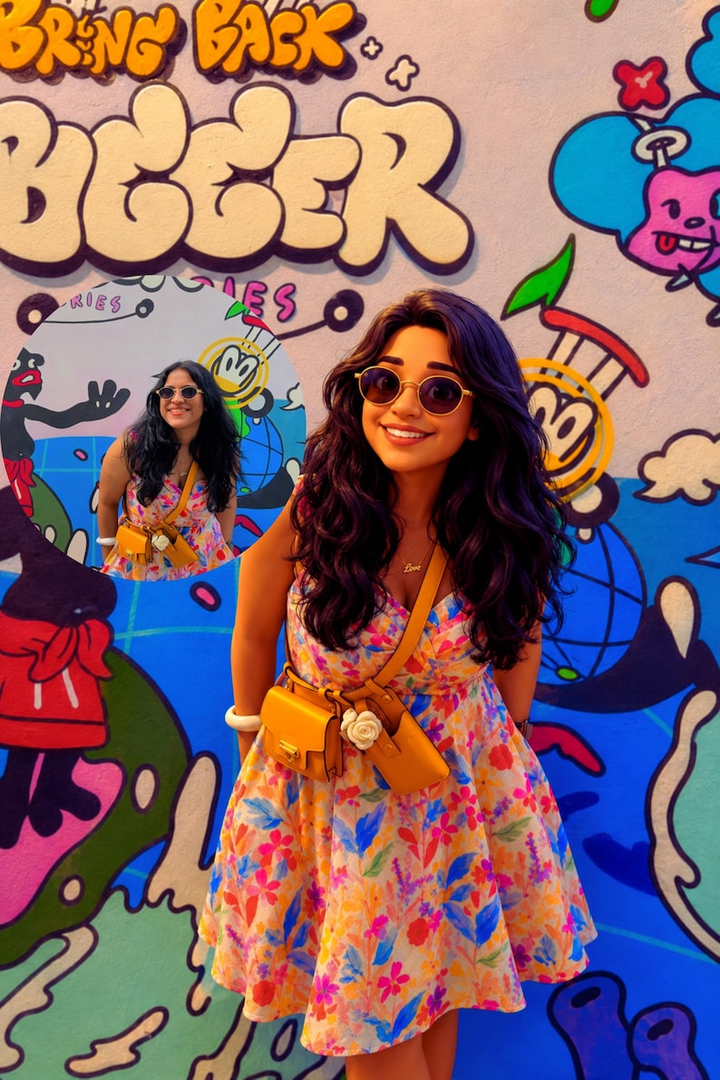 May include: A sleeveless dress with a colorful floral pattern in shades of pink, orange, and blue. The dress is paired with a yellow crossbody bag featuring a white flower accent and a gold-toned chain strap. Round sunglasses with gold frames are worn.