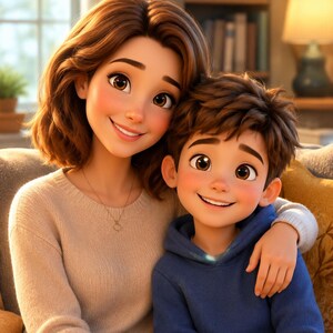 May include: A digital illustration of a person with shoulder-length brown hair wearing a beige knit sweater and a thin necklace, with an arm around a child with short brown hair wearing a blue hooded sweatshirt, both smiling at the viewer.