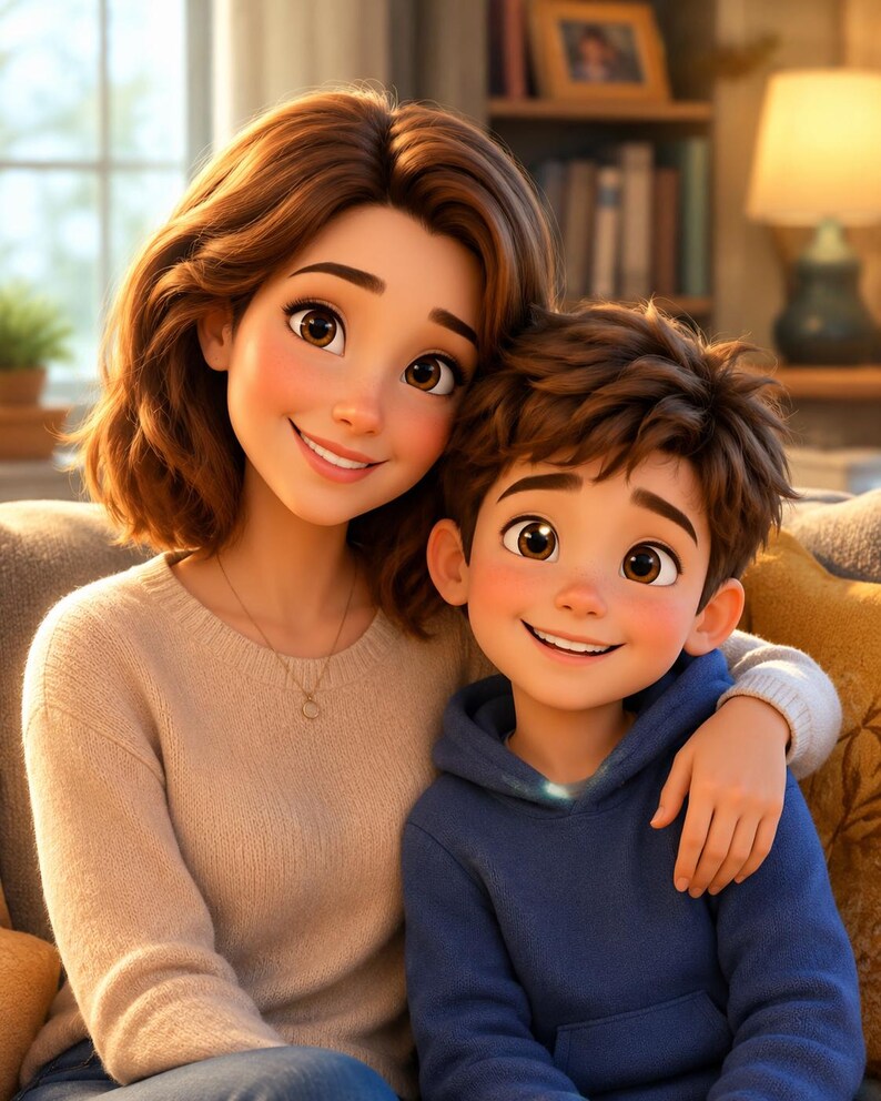 May include: A digital illustration of a person with shoulder-length brown hair wearing a beige knit sweater and a thin necklace, with an arm around a child with short brown hair wearing a blue hooded sweatshirt, both smiling at the viewer.