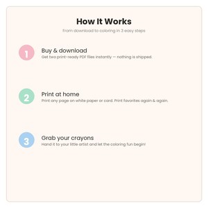 May include: An instructional graphic titled How It Works with three steps. Step 1 is Buy & download, step 2 is Print at home, and step 3 is Grab your crayons. Each step features a numbered circle in pink, green, or blue on a light background.