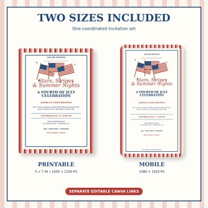 May include: A coordinated invitation set featuring two designs with red, white, and blue American flag graphics. The text reads Stars, Stripes & Summer Nights, A Fourth of July Celebration, America's 250th Birthday, and includes event details.