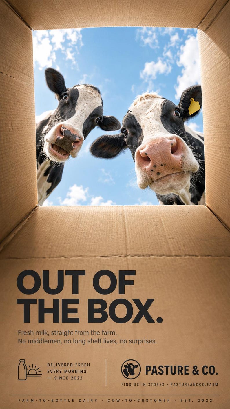 K&ouml;nnte beinhalten: Das Innere eines Kartons mit Blick auf zwei schwarz-wei&szlig;e K&uuml;he vor blauem Himmel. Text: OUT OF THE BOX. Fresh milk, straight from the farm. No middlemen, no long shelf lives, no surprises. DELIVERED FRESH EVERY MORNING - SINCE 2022. PASTURE & CO. FIND US IN STORES PASTUREANDCO.FARM FARM-TO-BOTTLE DAIRY COW-TO-CUSTOMER EST. 2022.