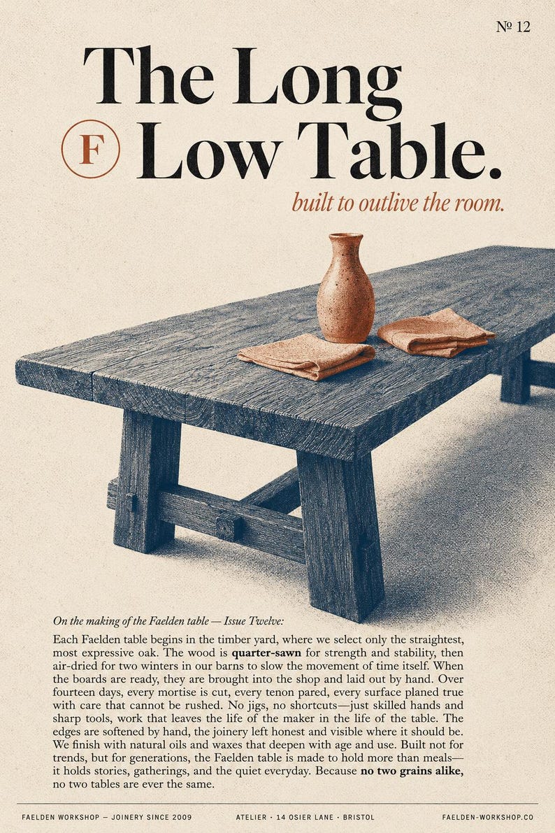 May include: A long, low, dark-stained wooden table with a visible grain texture, featuring a trestle base with mortise and tenon joinery. A small, light-brown ceramic vase and two folded tan fabric napkins sit on the rectangular tabletop surface.