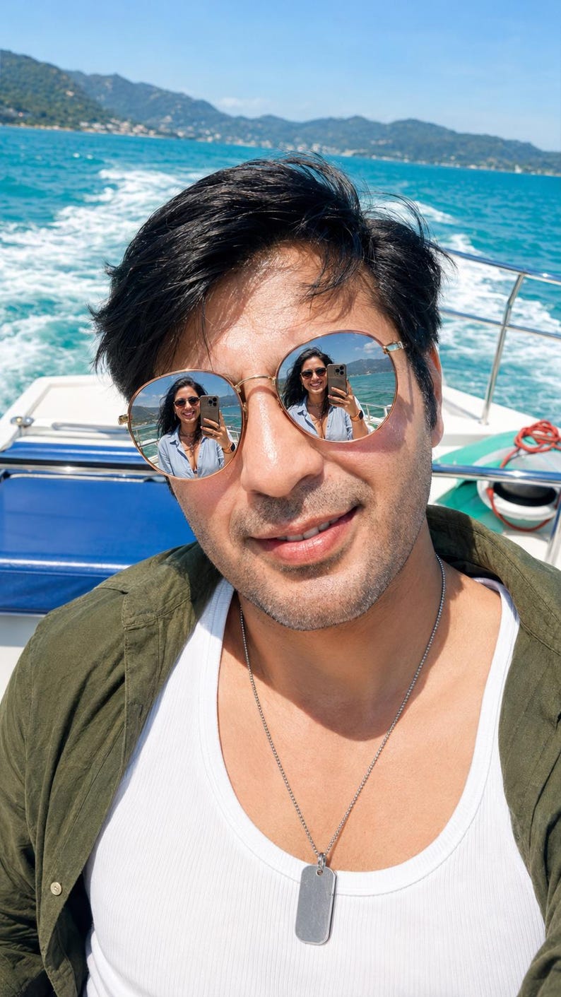 Puede incluir: Gafas de sol redondas con montura de metal fino en tono dorado y lentes reflectantes. Las lentes muestran el reflejo claro de una persona sosteniendo un tel&eacute;fono inteligente. Las gafas cuentan con almohadillas ajustables y patillas finas.
