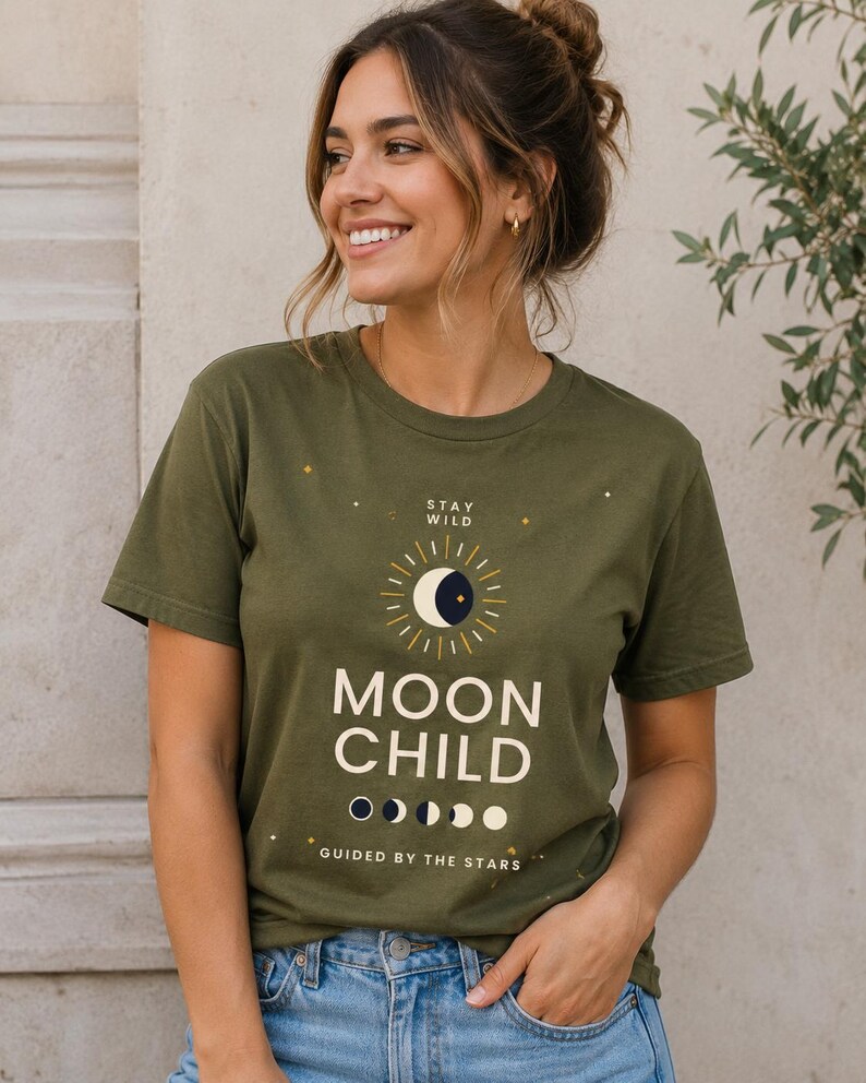 Op de afbeelding: Een olijfgroen t-shirt met korte mouwen en een grafische print met de tekst "STAY WILD", "MOON CHILD" en "GUIDED BY THE STARS". Het ontwerp bevat een zon- en maanicoon, een reeks maanfasen en kleine witte en gele steraccenten.