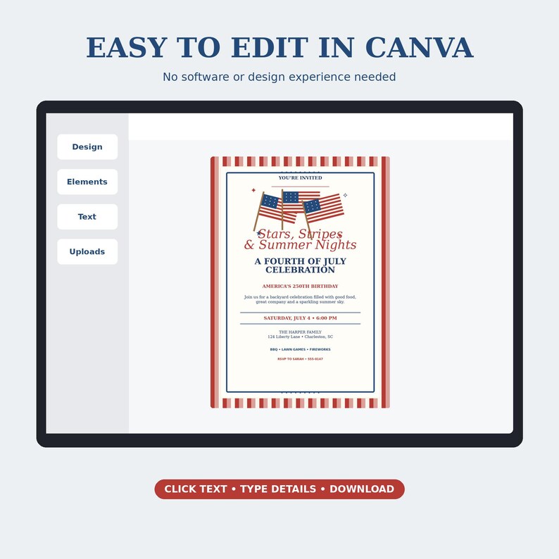 May include: A digital invitation template for a Fourth of July celebration featuring two American flags and the text Stars, Stripes & Summer Nights. The design includes red and white striped borders and is displayed within a Canva editing interface.
