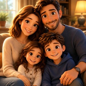 May include: A family of four with brown hair, including two adults and two children, posing together. The adults wear a beige sweater and a blue sweater, while the children wear a beige cardigan and a blue hoodie, all smiling in a bright room.