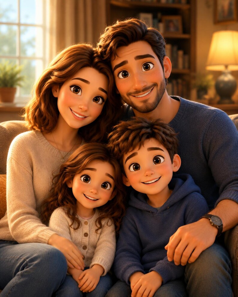 May include: A family of four with brown hair, including two adults and two children, posing together. The adults wear a beige sweater and a blue sweater, while the children wear a beige cardigan and a blue hoodie, all smiling in a bright room.