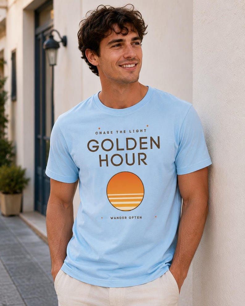 Op de afbeelding: Een lichtblauw t-shirt met korte mouwen en de tekst CHASE THE LIGHT, GOLDEN HOUR en WANDER OFTEN in donkerbruine letters. Onder de tekst staat een cirkelvormige afbeelding van een oranje zon die ondergaat boven horizontale witte lijnen.