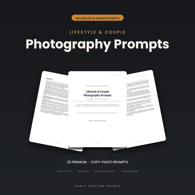 Puede incluir: Un documento digital titulado Advanced AI Image Prompts: Lifestyle & Couple Photography Prompts. Las p&aacute;ginas blancas contienen texto negro que detalla veinte prompts premium para copiar y pegar en herramientas de IA como ChatGPT, Gemini, Midjourney y Leonardo.