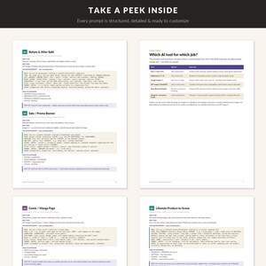 May include: A digital document titled TAKE A PEEK INSIDE featuring four distinct sections with instructional text for AI prompting. The layout includes headings like Before & After Split, Which AI tool for which job, Comic / Manga Page, and Lifestyle Product-in-Scene.