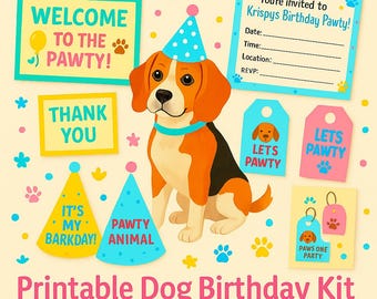 Printable Dog Birthday Kit for Boy Girl or Unisex Pawty Hat Banner and Invitation PDF Download