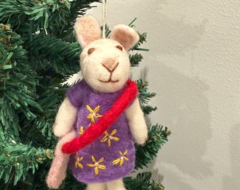 Handmade Felt Bunny Ornament in Purple Dress, Needle Felted Rabbit Decor, Holiday Gift, Christmas Tree Ornament, Wool Felt Animal