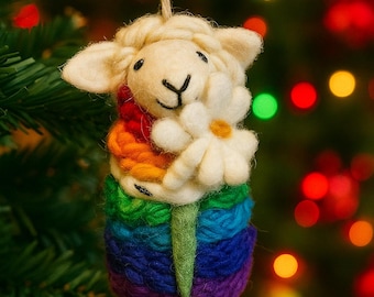 Handmade Wool Felt Sheep with flower – Wool Holiday Gift, Positive Energy Ornament