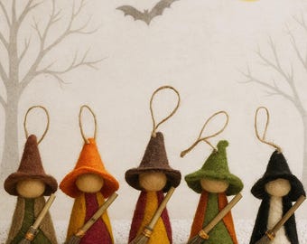 Handmade Wool Felt Witch Ornaments: Cute Halloween Decorations with Brooms and Hats