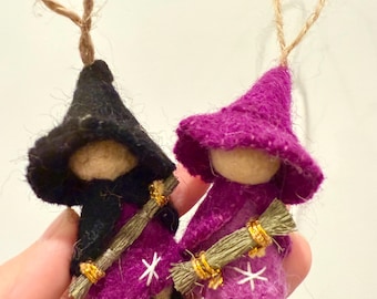 Handmade Wool Felt Tiny Witch Ornaments: Cute Halloween Decorations with Brooms and Hats