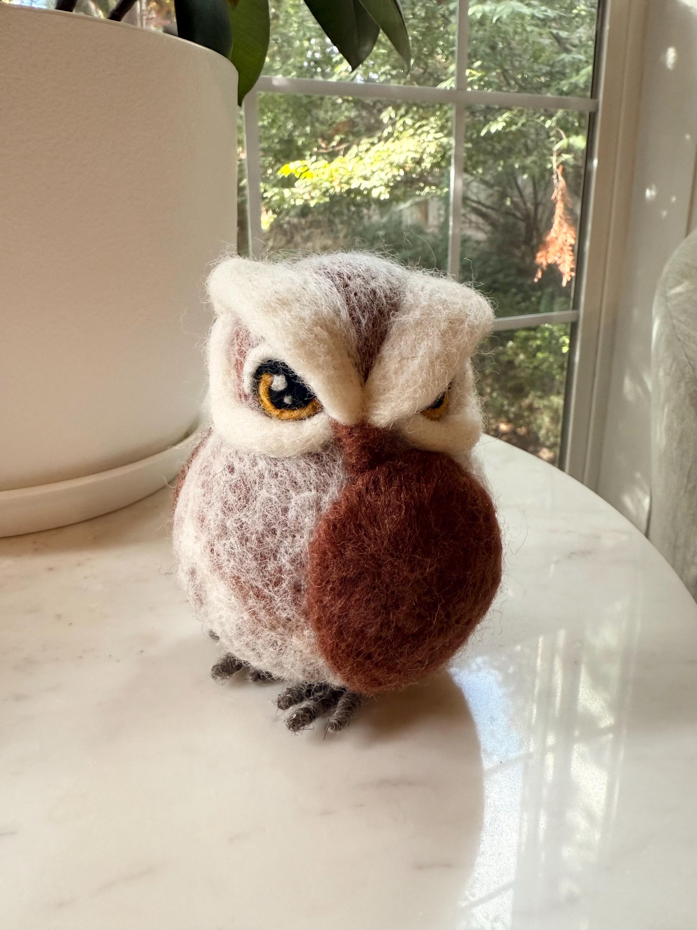 Needle Felt Owl Sculpture – Wool Woodland Decor, Rustic Forest Animal Ornament, Fall Home Acce
