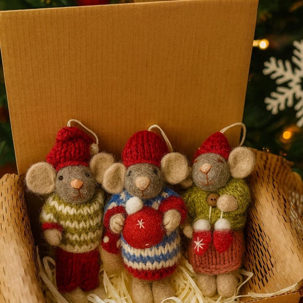 Handmade Felt Mouse Family – Wool Christmas Ornament Set, Cozy Scandinavian Holiday Decor, Eco Friendly Handmade Gift