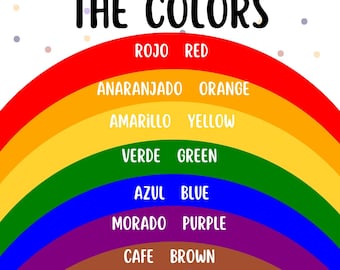 Op de afbeelding: Een kleurrijke educatieve poster met een regenboog die de kleuren rood, oranje, geel, groen, blauw, paars en bruin weergeeft. De Spaanse en Engelse namen van de kleuren staan erbij, met de tekst "LOS COLORES THE COLORS".
