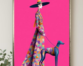 Modern Fashion Woman and Dog Canvas Wall Art Geometric Pop Art Style Colorful Illustration Print for Stylish Living Room or Studio