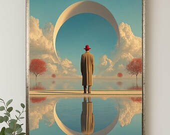Surreal Man with Red Hat Canvas Wall Art Dreamlike Minimal Landscape Fantasy Reflection Print for Modern Home or Office Decor