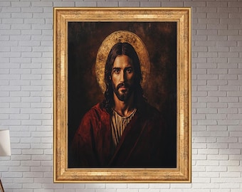 Sacred Jesus Christ Religious Portrait Wall Art – Classic Christian Canvas with Golden Halo – Spiritual Faith Print for Holy Home Decor