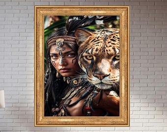 Warrior Spirit Wall Art Print – Tribal Woman with Jaguar, Amazon Jungle Goddess Digital Poster, Shamanic Animal Totem Boho Decor
