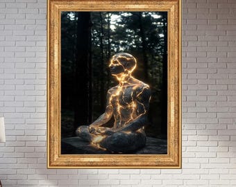Spiritual Enlightenment Energy Art Print – Meditative Figure with Glowing Light – Inner Power Poster for Yoga or Zen Wall Decor