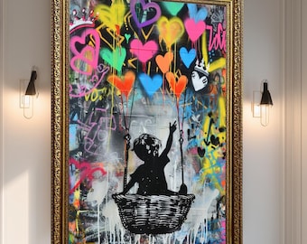 Banksy Balloon Canvas, Balloon Poster,Banksy Art, Graffiti Canvas Wall Art of Silhouette Child in Basket with Heart Balloons
