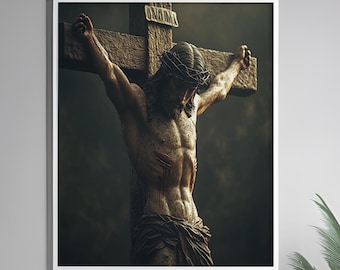 Realistic Jesus Crucifixion Wall Art – Dramatic Christian Canvas Depicting Sacrifice and Faith – Spiritual Print for Religious Home Decor
