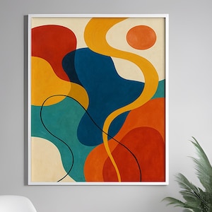 Bunte abstrakte Formen Leinwand Wandkunst - Mid Century moderne geometrische Malerei für zeitgenössische Wohnzimmer oder Büro Dekor