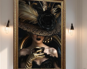 Elegant Black and Gold Glamour Woman Canvas Wall Art with Feather Hat and Teacup, Baroque Fashion Portrait Print for Luxury Decor