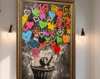 Banksy Balloon Canvas, Balloon Poster,Banksy Art, Graffiti Style Canvas Print of Child Reaching Up in Basket with Colorful Hearts and Crowns