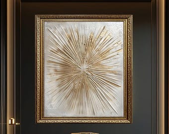 Gold Textured Abstract Canvas Wall Art – Modern Metallic Sunburst Design in Neutral Tones for Contemporary Living Room or Office Decor
