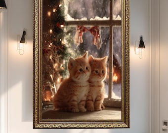 Christmas Kittens Canvas Wall Art with Cozy Winter Scene – Orange Cats by Window Holiday Decor for Cat Lovers and Festive Interiors