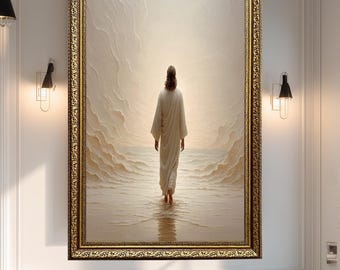 Jesus Walking on Water Canvas Wall Art – Peaceful Christian Poster with Ocean and Light, Minimalist Spiritual Artwork for Faithful Homes