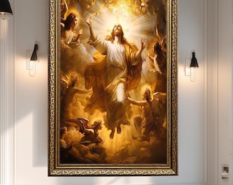 Ascension of Jesus Canvas Wall Art – Glorious Spiritual Poster with Angels and Divine Light, Inspirational Christian Religious Décor