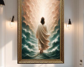 Jesus Walking on Water Canvas Wall Art – Spiritual Christian Poster with Ocean Waves and Heavenly Light, Faith-Based Religious Décor